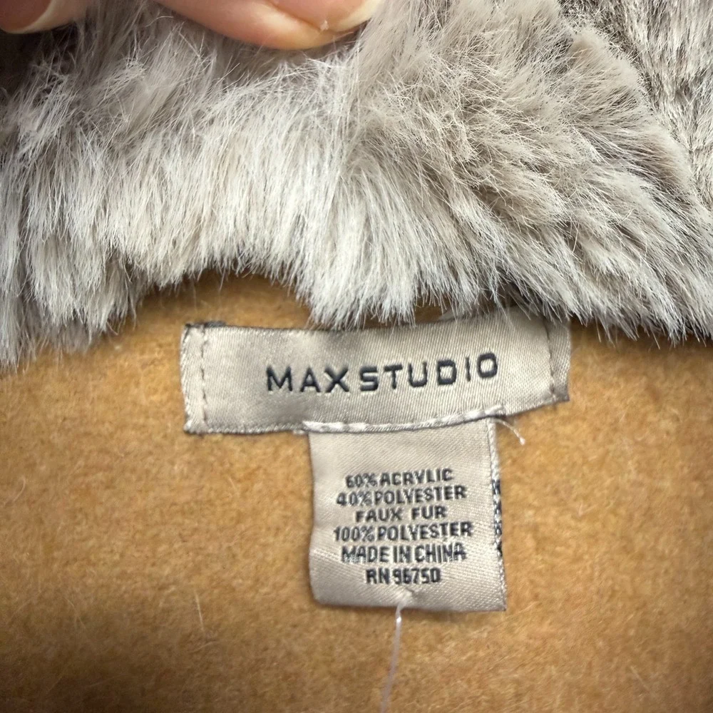 Max Studio Faux Fur Trim Poncho Scarf Cape Womens One Size Gray Camel Open Front
